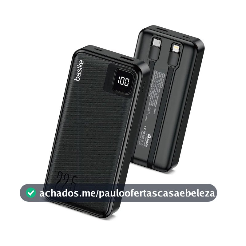 Power Bank Basike 20000mAh Preto, Carga Rápida 22.5W para iPhone e Samsung, Com Cabos Embutidos e Display