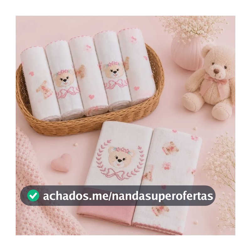 Kit 7 Peças Ursinha Bebê Menina 5 Fraldas E 2 Toalhas Macias