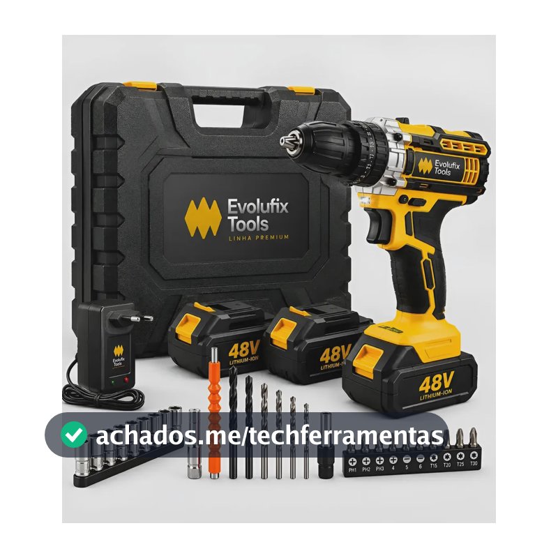 Parafusadeira Furadeira Sem Fio Profissional 2 Baterias Recarregavel 48v Bivolt + Maleta Acessórios Kit Completo Led Eixo Flexível Velocidade ajustável com Travas Mandril Resistente EvolufixTools