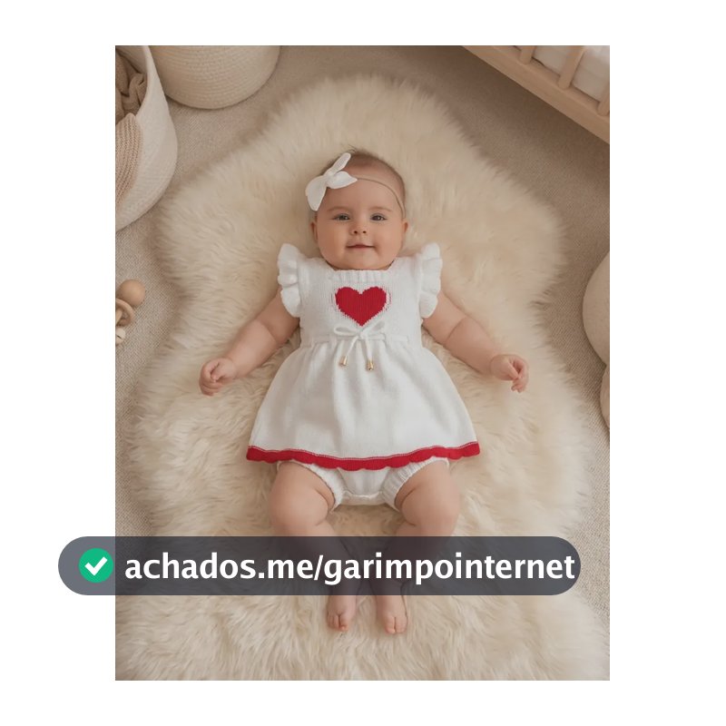 Vestido Bebê Tricô Coração Com Tapa Fralda Menina 0-3 Meses Branco Com Vermelho Rn