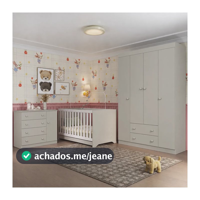 Quarto de Bebê Completo com Berço Americano 3 em 1 p/Colchão 130x70cm Encanto Multimóveis MP4581 Off White
