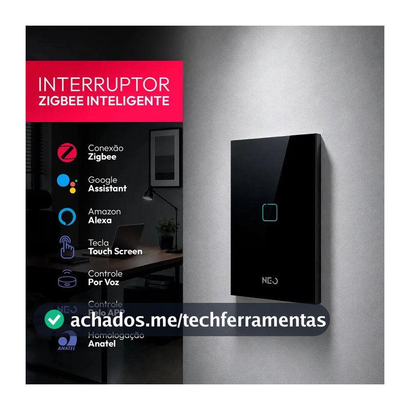 Interruptor Inteligente Zigbee Alexa Google 1 Botão 4x2 Bivolt Preto Cod: 291990491 Neo Avant