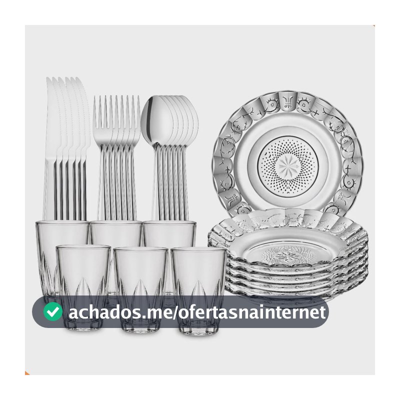 Kit Jantar 30 Peças Pratos Talheres Copos Vidro Mesa Posta Transparente Verdan