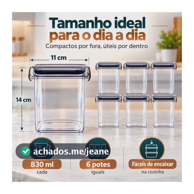 Kit 4 Ou 6 Potes Herméticos Mantimentos 830ml Empilháveis Transparente 2