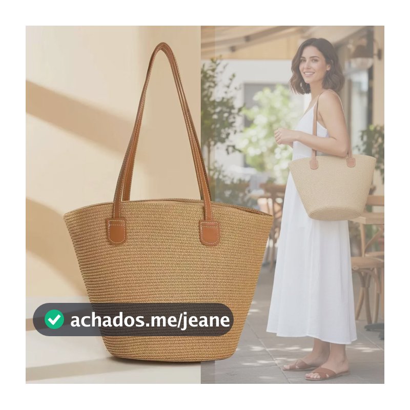 Bolsa Feminina De Praia Elegante Alça De Ombro Grande Palha Clara Entrelaçada
