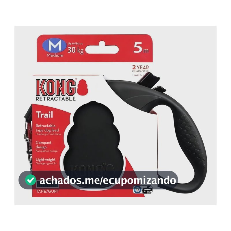 Guia Retrátil Kong Trail M Preta Para Cães Até 30kg 5m