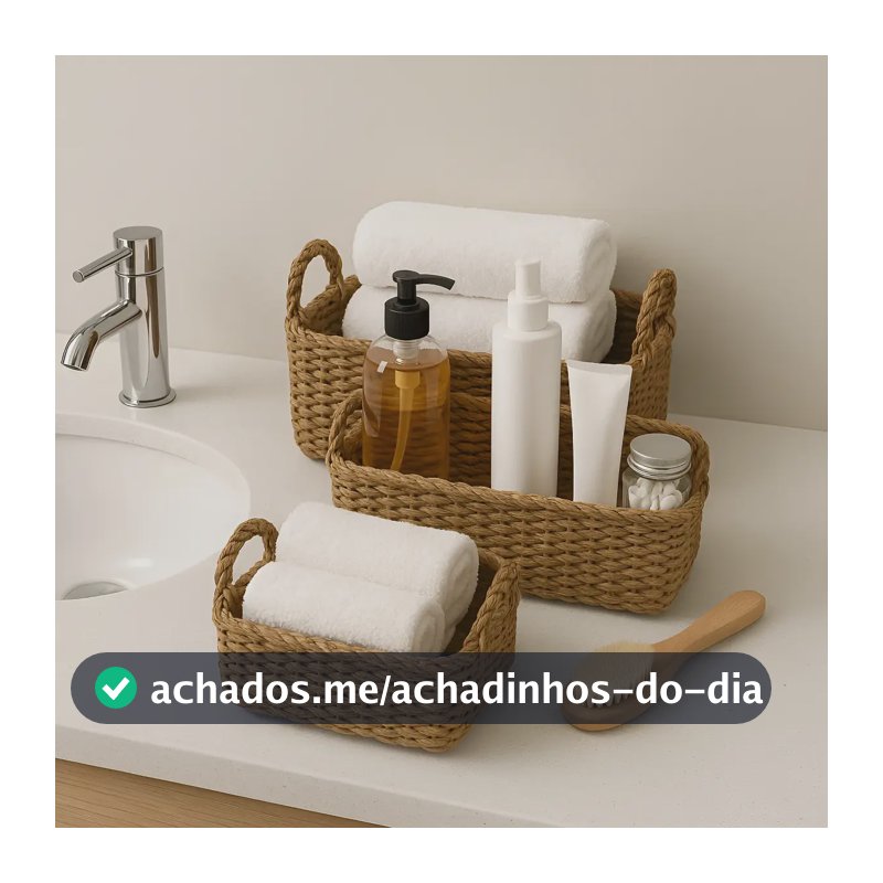 3 Cestos Conjunto Organizador Rústico Em Palha Natural Boho
