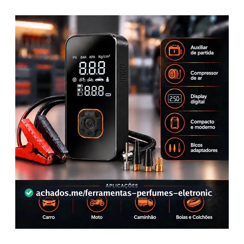 Auxiliar de Partida Bateria Carro com Compressor de Ar Portátil 12V Calibrador Digital Pneu Inflador Veicular Emergência Automotivo para Moto SUV Caminhonete Pickup Hardline
