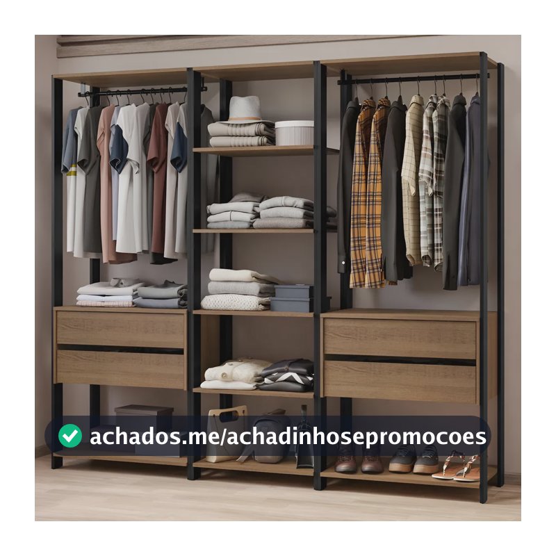 Guarda-roupa Closet Modulado Valencia 199cm Madesa Rp 02 Cor Rustic/Preto MDDR0300027K