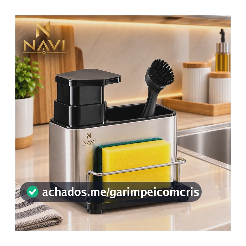 Dispenser Detergente Inox Premium 3 em 1 Organizador de Pia Sabão Cozinha Porta Esponja Suporte Multiuso para Pia de Cozinha Acessório Prático e Moderno Navi