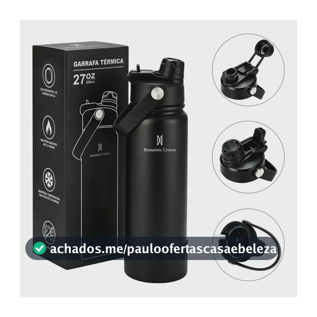 Garrafa Térmica 800ml Inox Bico Duplo Canudo Alça Esporte Preto