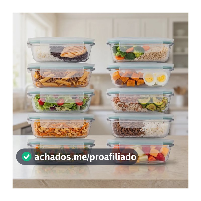 Kit 10 Potes Herméticos Vidro Alto Borossilicato Tampa 4 Travas Marmita Forno Micro-ondas Airfryer Freezer 640ml Zelvi