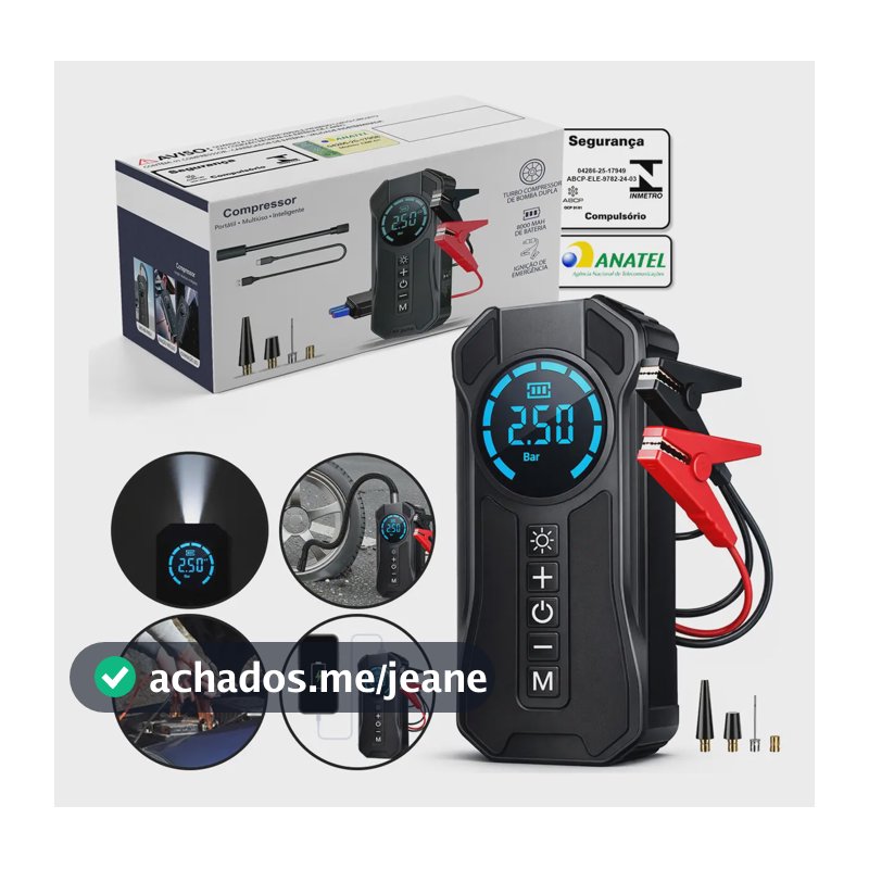 Auxiliar De Partida Com Compressor De Ar 150 PSI 12V 1200A 10000mAh Calibrador Digital De Pneus 4 Em 1 Recarregável Para Carro Moto SUV