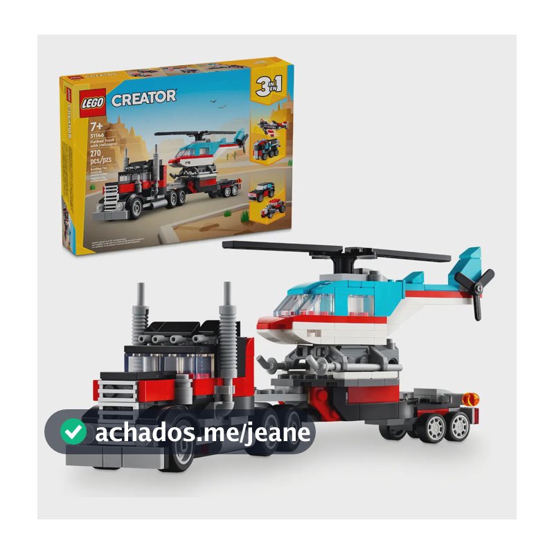 <p>LEGO® Creator 3 em 1 – Caminhão Plataforma com Helicóptero, Jogo de Carro Hot Rod, Avião de Brinquedo, Caminhão de Brinquedo, Miniatura de Avião, Presente para Criança de 7 Anos 31146</p>
