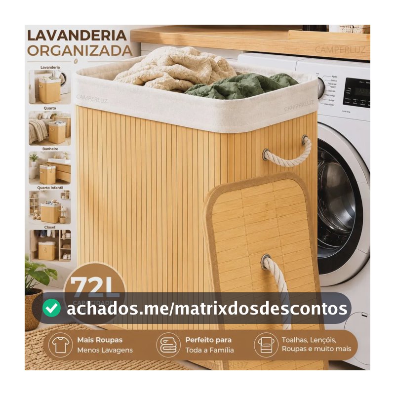 Cesto Organizador De Roupa Bambu Dobrável Retangular Com Tampa Forro e Alças 72 Litros Grande Capacidade Reforçado Caixa Organizadora para Brinquedos - Marca Macater
