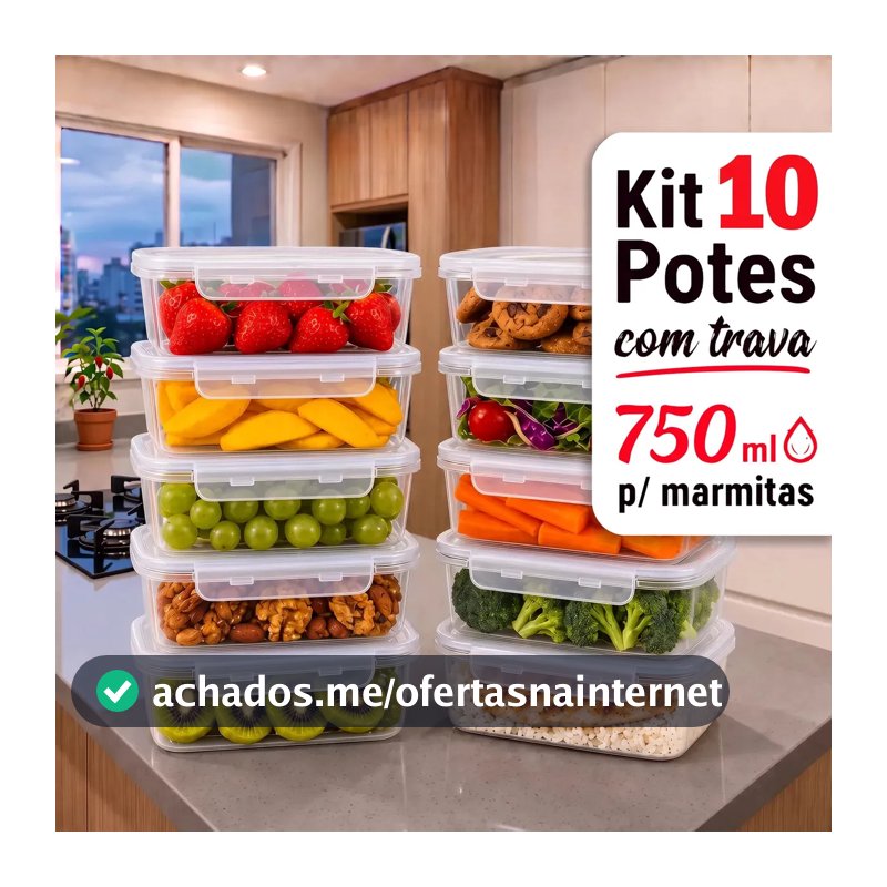 Kit 10 Potes 750ml com Tampa Trava Plástico Transparente para Mantimentos e Alimentos Marmita Organizador de Cozinha Geladeira e Freezer Jogo de Potes para Organização Ponte Lar Utilidades