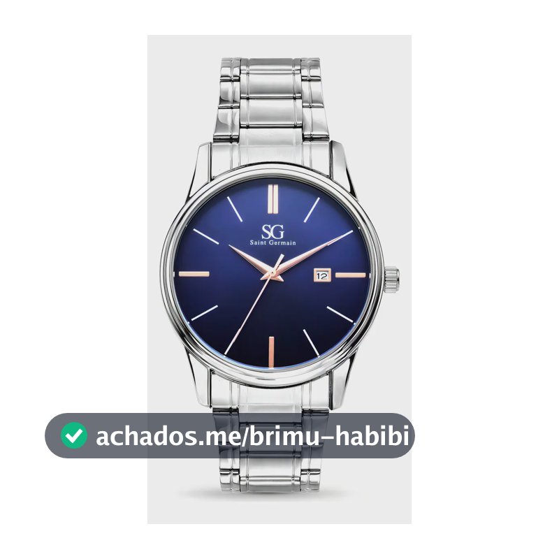Relógio Masculino Clássico Pulseira Prata Correia Prateada Bisel Prateado Fundo Azul Marinho Saint Germain 42mm Elegante Detalhes Bronze