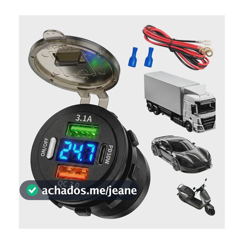 Tomada Carregador Carro 2 Usb Qc3.0 Voltimetro Vermelho