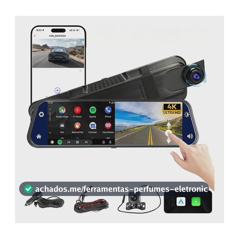 Câmera Veicular Automotiva Carro Com Wifi 4k+1080p Tela 10in