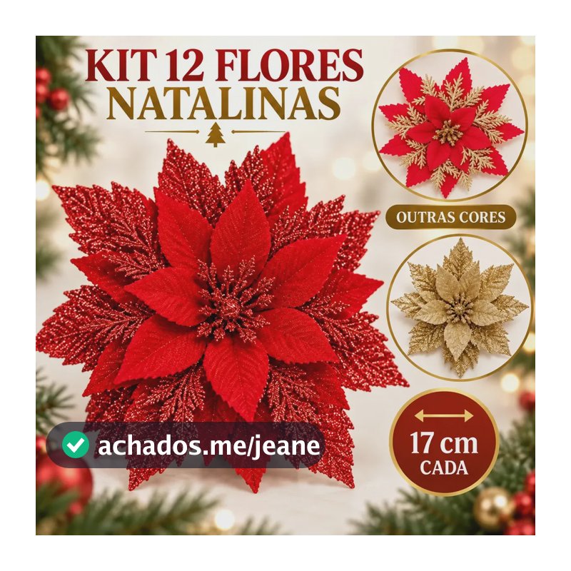 Kit 12 Flores Enfeite Artificial Glitter 17cm Decoração Árvore De Natal Vermelho Luvinco