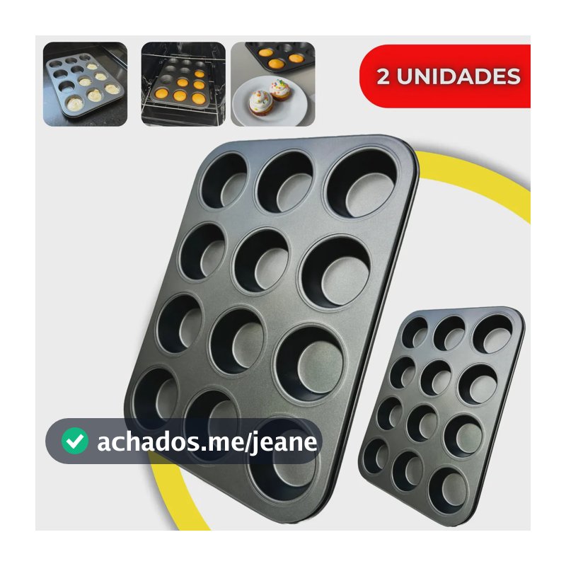Kit 2 Forma Assadeira Grande Cupcake Pão de Queijo 12 Cavidades Antiaderente Preto Queijo Muffins Retangular Premium VYROX