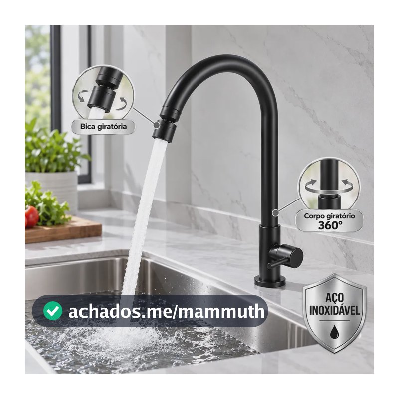 Torneira para Cozinha Inox Preta Fosca de Bancada Água Fria Bica Alta e Corpo Giratórios
