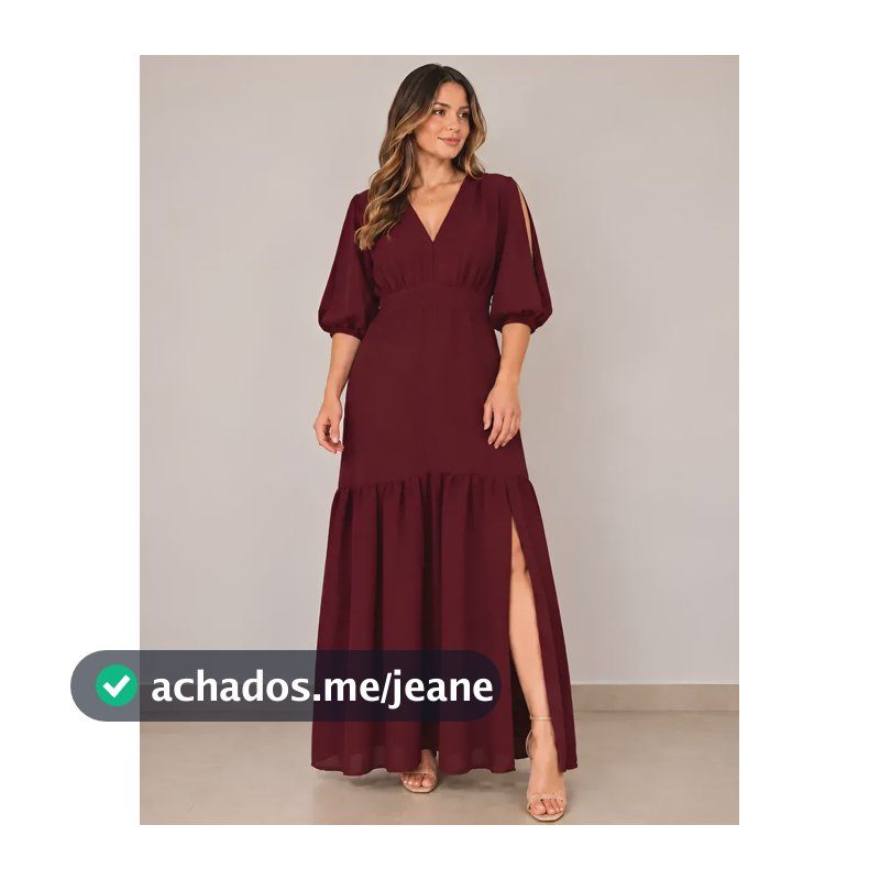 Vestido Longo Babado Fenda Manga 3/4 Evangélico Elegante Liso - Marsala Moda Único (36 Ao 46)