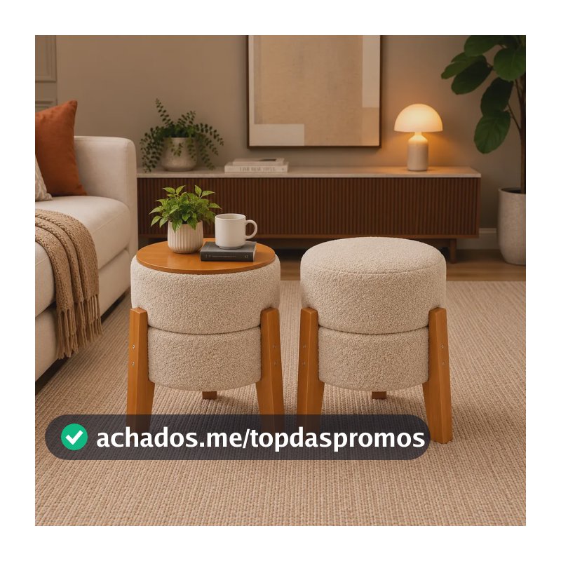 Puff Mesa Porta Copos Tecido Bouclê 45x38cm Estofado Redondo Bouclé Bege Mesa