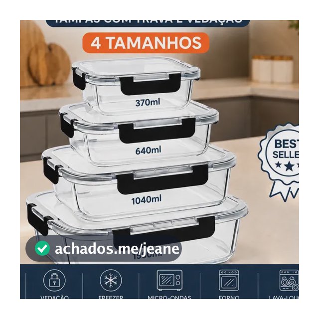 Kit 4 Potes De Vidro Hermético Marmita Vários Tamanhos