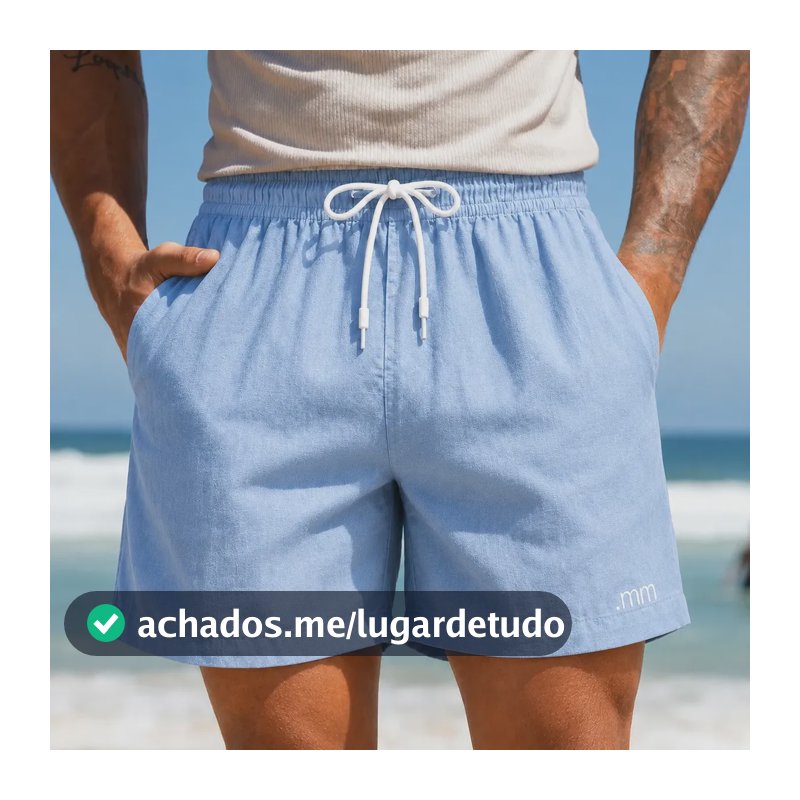 Bermuda Linho Masculina Mauricinho Praia Social Casual Verao Azul Celeste Liso G