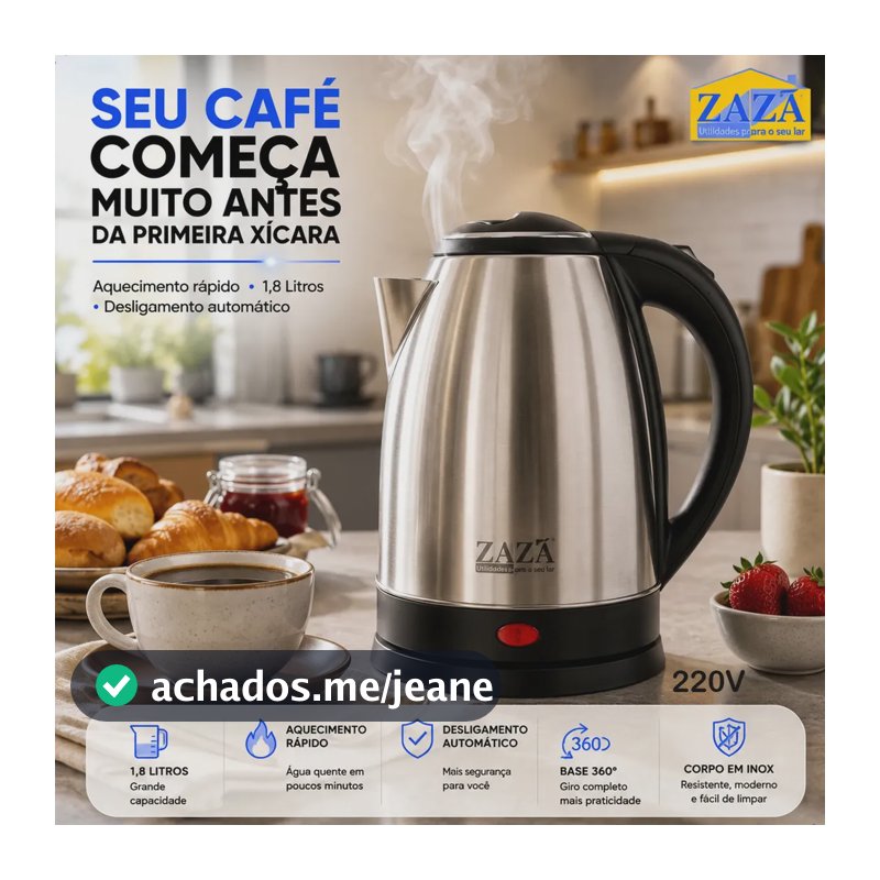 Chaleira Jarra Elétrica 1,8L Litros Em Inox Desligamento Automático Aquecimento Rápido Segura Café Chá Fácil Abertura Tampa Alça Ergométrica