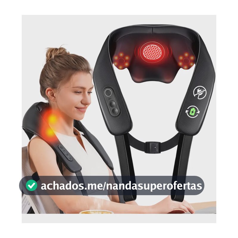 Massageador de Pescoco Shiatsu 3d Com Aquecimento Para Cervical E Ombros Elétrico Sem Fio Knqze Preto
