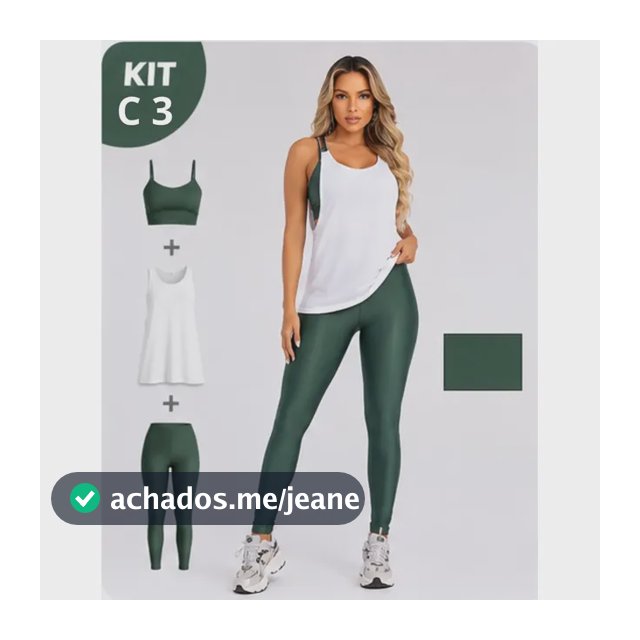 Kit 3 Peça Fitness Roupa Academia Legging + Cropped + Regata Verde Militar G
