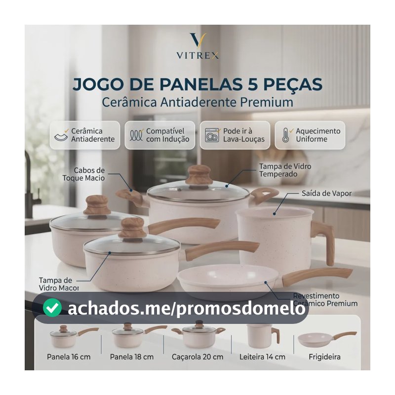Jogo De Panelas Cerâmico Triplo Indução Vitrex Ecoglid 5 Peças Cor Baunilha