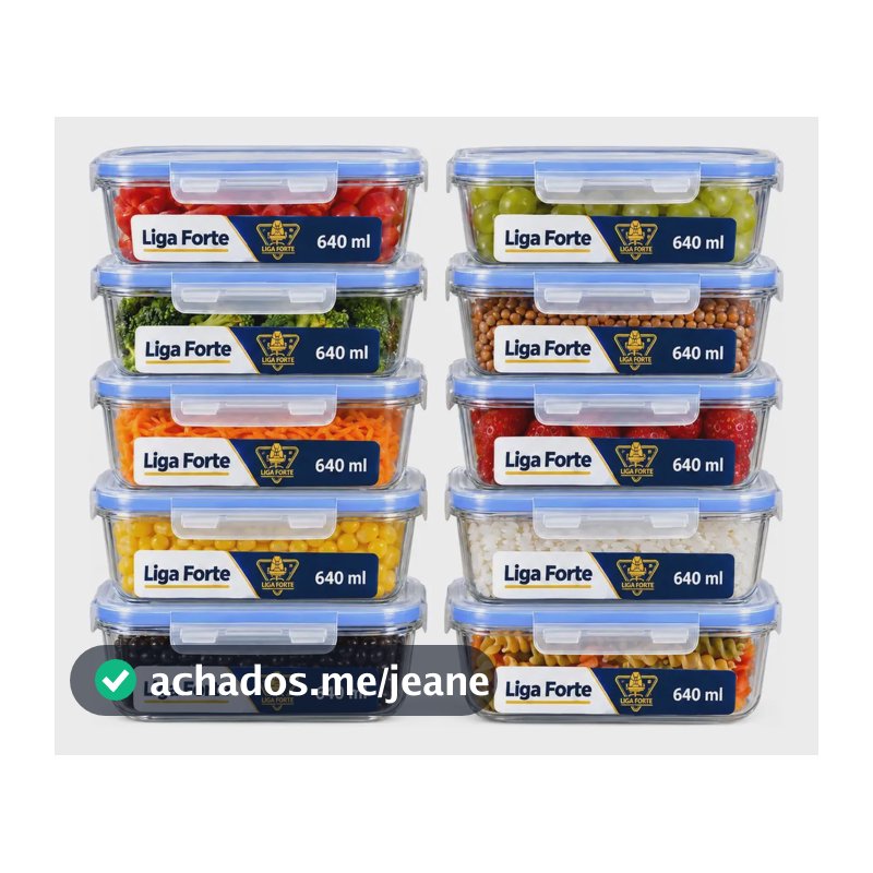 Kit 10 Potes Vidro Hermético 640ml Marmita Anti Vazamento Forno Micro-ondas Freezer Air Fryer Tampa 4 Travas e com saída de Vapor