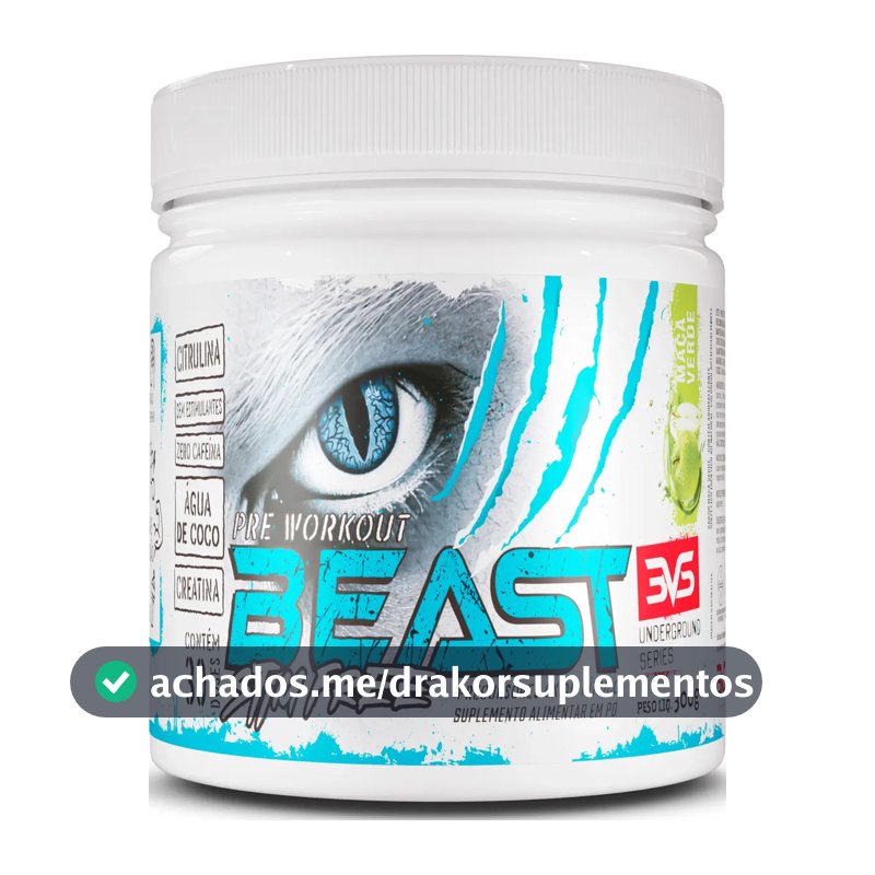 PRÉ TREINO SEM CAFEÍNA BEAST 300g - Sabor Maçã Verde - Fórmula Exclusiva com Citrulina, Beta Alanina, Creatina, Água de Coco, Arginina, Taurina e Tirosina