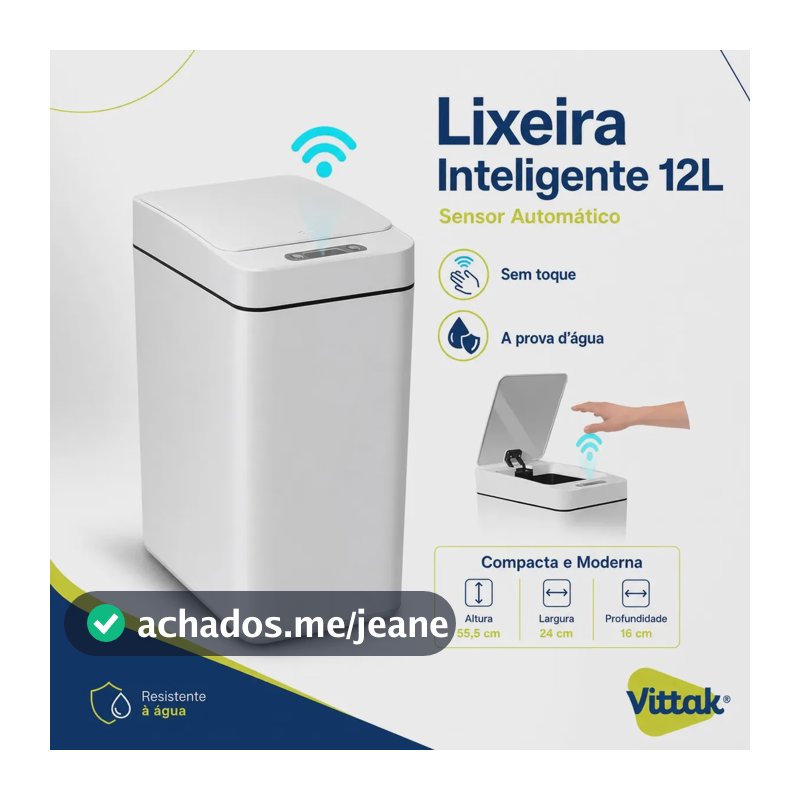 Vittak Lixeira Inteligente 12l Sensor Automático Banheiro Cozinha Cor Branco Escritório Comercial Com Pilhas Inclusas