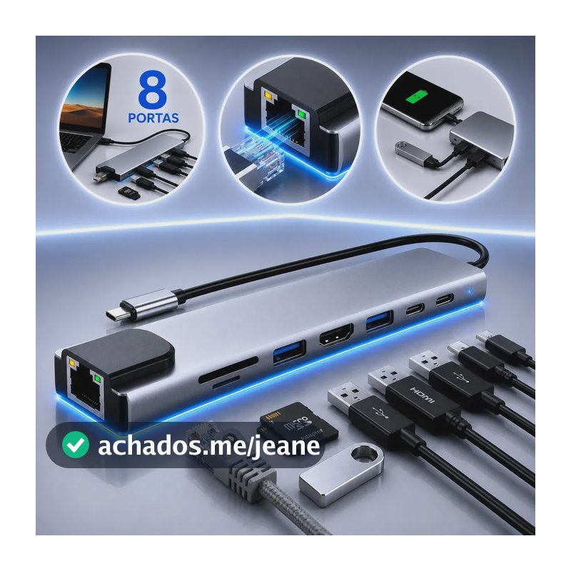 Adaptador Hub Usb Com 8 Portas Rj45 Hdmi Usb 3.0 E 2.0 Tipo C Micro Sd Cartão Ethernet Cabo Thunderbolt Dock Station Dex Macbook Air M1 M2 iPad Type C Tablet Computador Pc Notebook Extensor Cinza
