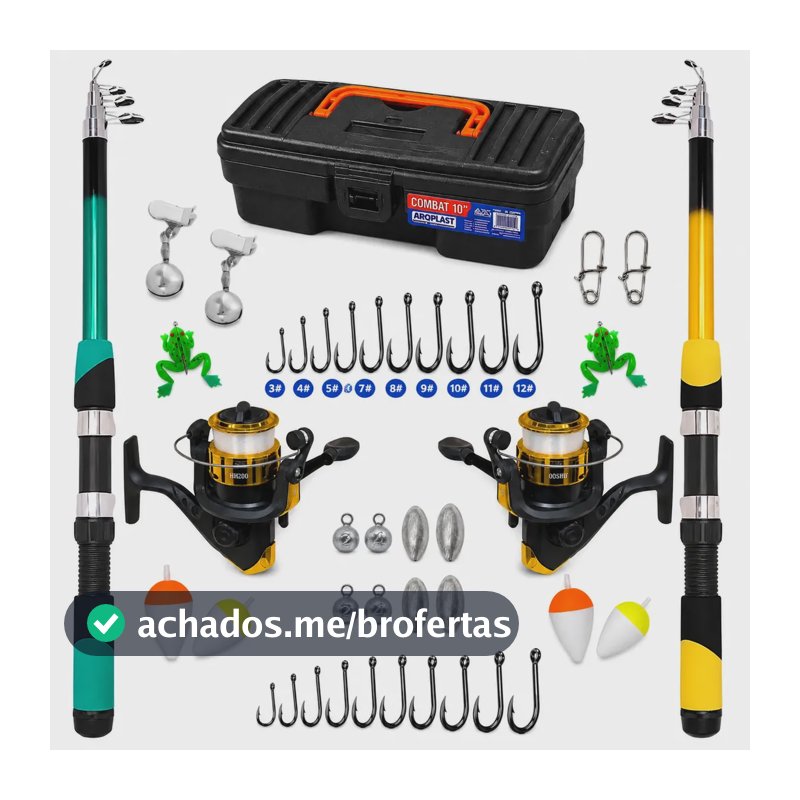 Kit Pesca Super Completo Premium Com Todos Acessórios Inclui 2 Varas + 2 Molinetes + 1 Maleta + 2 Guizos + 2 Iscas... Sortida