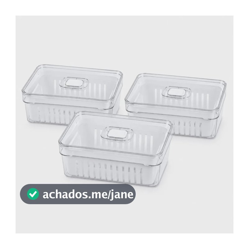 Kit 3 Potes Organizadores de Geladeira Cozena 2,2 Litros com Cesto de Drenagem Removível, Tampa e Pote Transparente Empilhável para Frutas, Legumes, Verduras, Todos os tipos de Alimentos