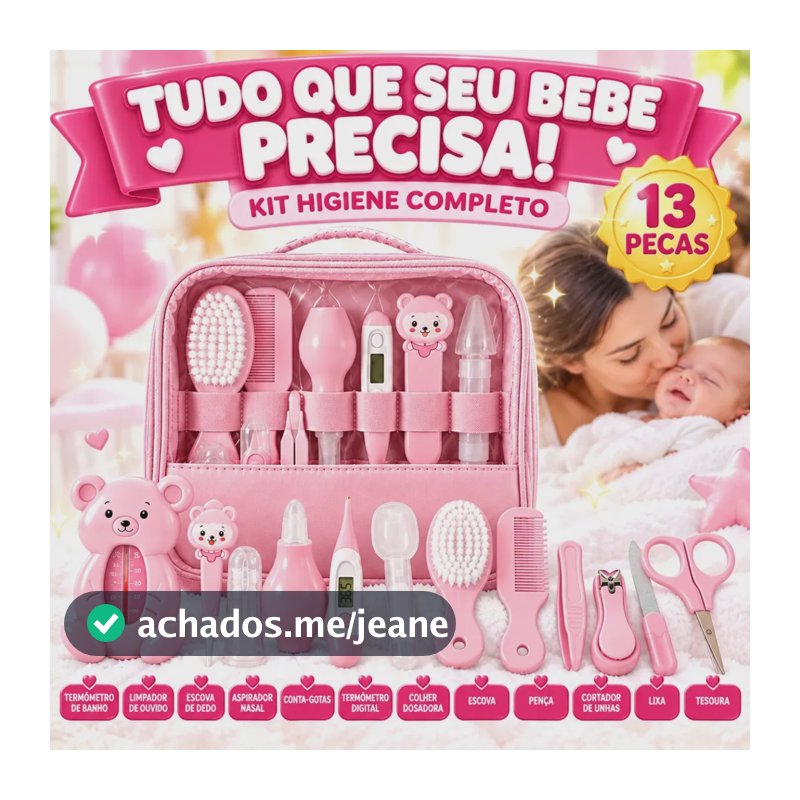 Kit Higiene Cuidados Bebê Rosa Recém Nascido Completo 13 Peças Bolsa Maternidade Termômetro Digital Aspirador Nasal Escova Pente Cortador De Unha Azul Menino Chá De Bebê Presente Louis Riel Acustico