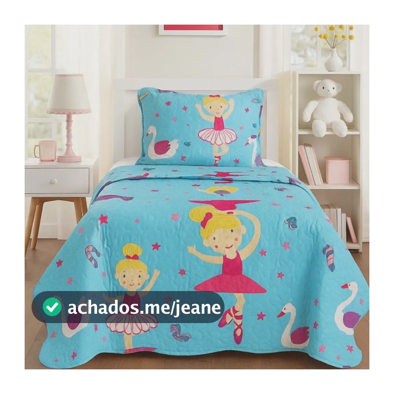 Kit Colcha Cobre Leito Infantil Menino Menina Solteiro 2 Pçs Cor Azul-celeste Bailarina