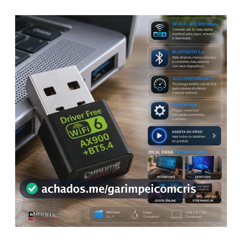 Adaptador Usb Wifi 6 Bluetooth 5.4 Alta Velocidade Placa Wi-fi Blueetoth Adaptador Wi-fi Pc Placa Wifi Pc notebook etc Adaptado Wireless Sem Fio Receptor Internet Marca Chrome Technology