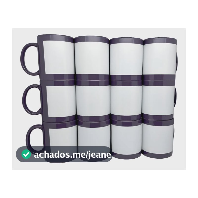 Kit 12 Caneca Cerâmica Tarja Fluorescente Sublimação Roxa
