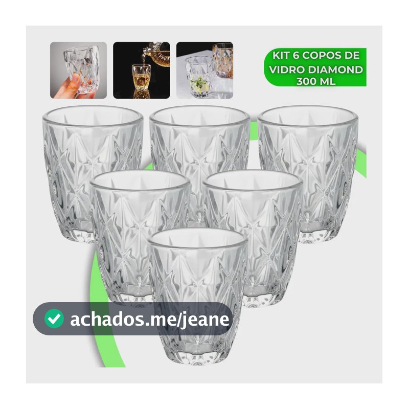 Jogo 6 Copos Diamond 300ml Vidro Grosso Diamante Luxo Moderno Resistente Buffet Casual Baixos Transparente