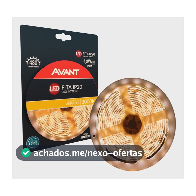 Fita Led Interna 4,8w 3000k Branco Quente 5 Metros 12v Ip20 60 Leds/m Cod: 192910534 Avant