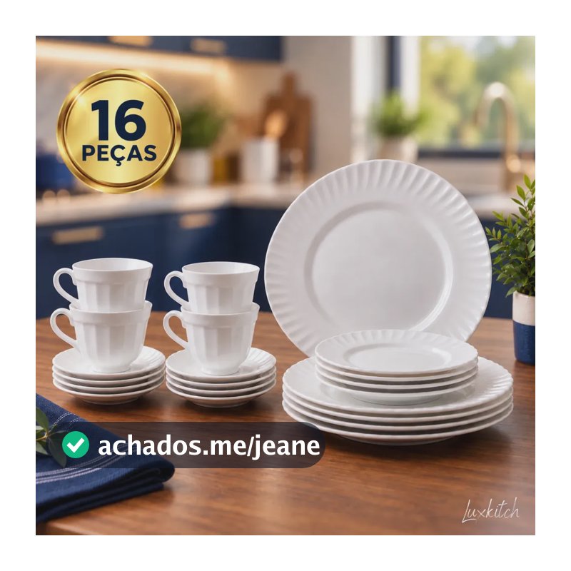 Aparelho De Jantar + Jogo Chá 16 Peças Completo Branco Liso Vidro Mesa Posta Resistente Moderno Luxkitch