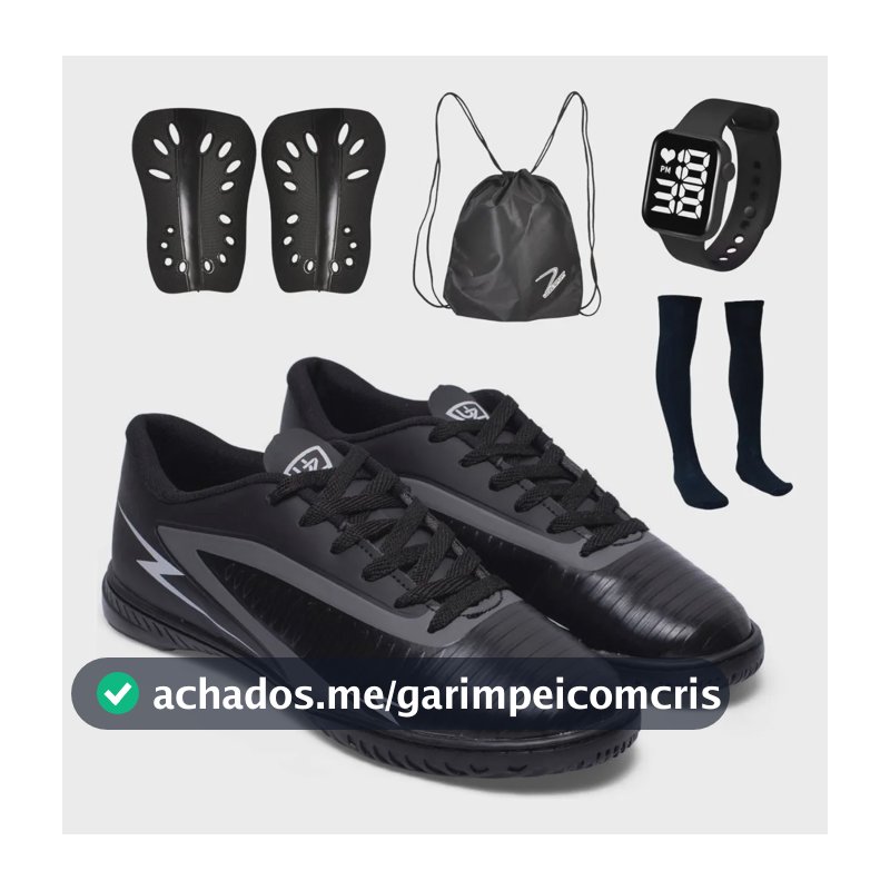 Kit Chuteira Futsal Striker Meião Caneleira Mochila Relógio Preto 38 Br