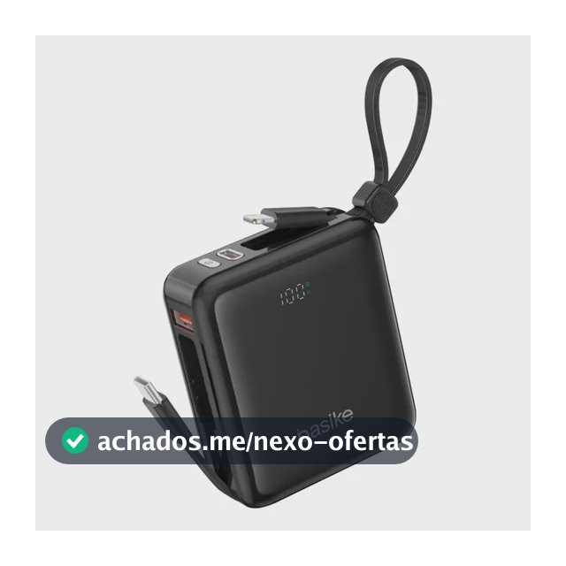 Carregador Portátil Power Bank Basike Turbo Carga 10000mAh 22.5W Rápido 3 Saídas LED Display Rápido Cabos Embutidos Tipo C com iPhone Android Samsung XiaoMi