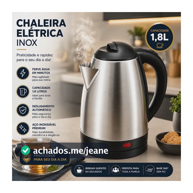 Jarra Chaleira Elétrica Inox 1,8l Desligamento Automático Aquecimento Rápido